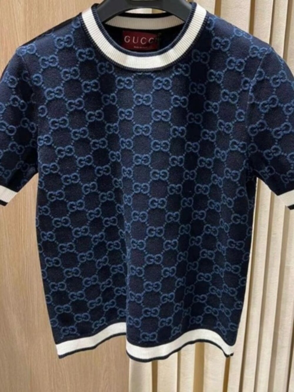 New Gucci 2025 GG Logo Monogram Fine Cotton Jacquard Top in Navy M